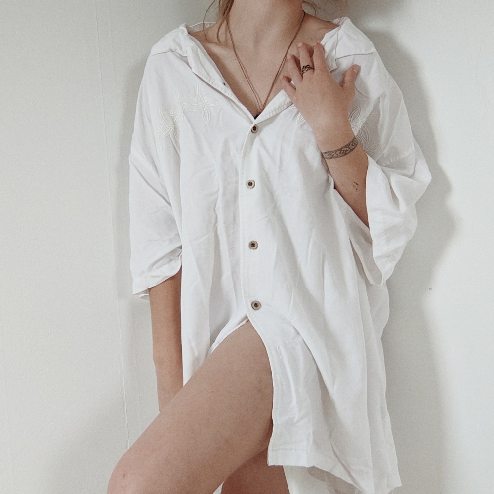 oversized white short-sleeved button up
